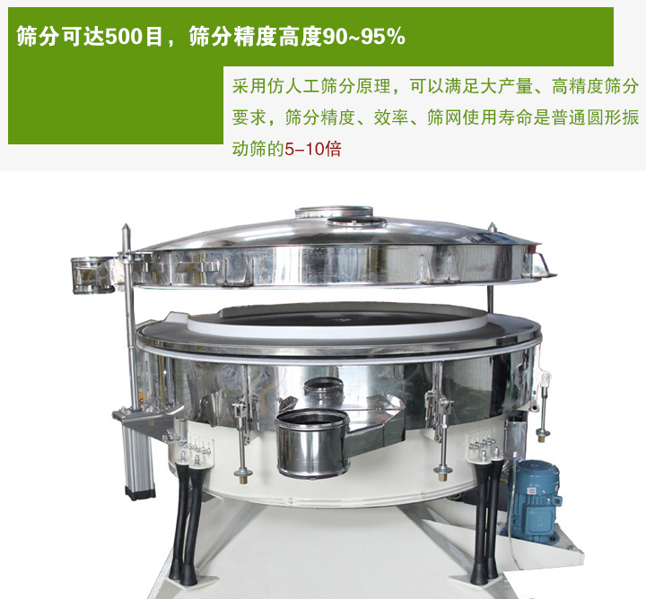 搖擺篩分機(jī)采用仿人工篩分原理，可以滿足大產(chǎn)量、高精度篩分 要求，篩分精度、效率、篩網(wǎng)使用壽命是普通圓形振 動篩的5-10倍